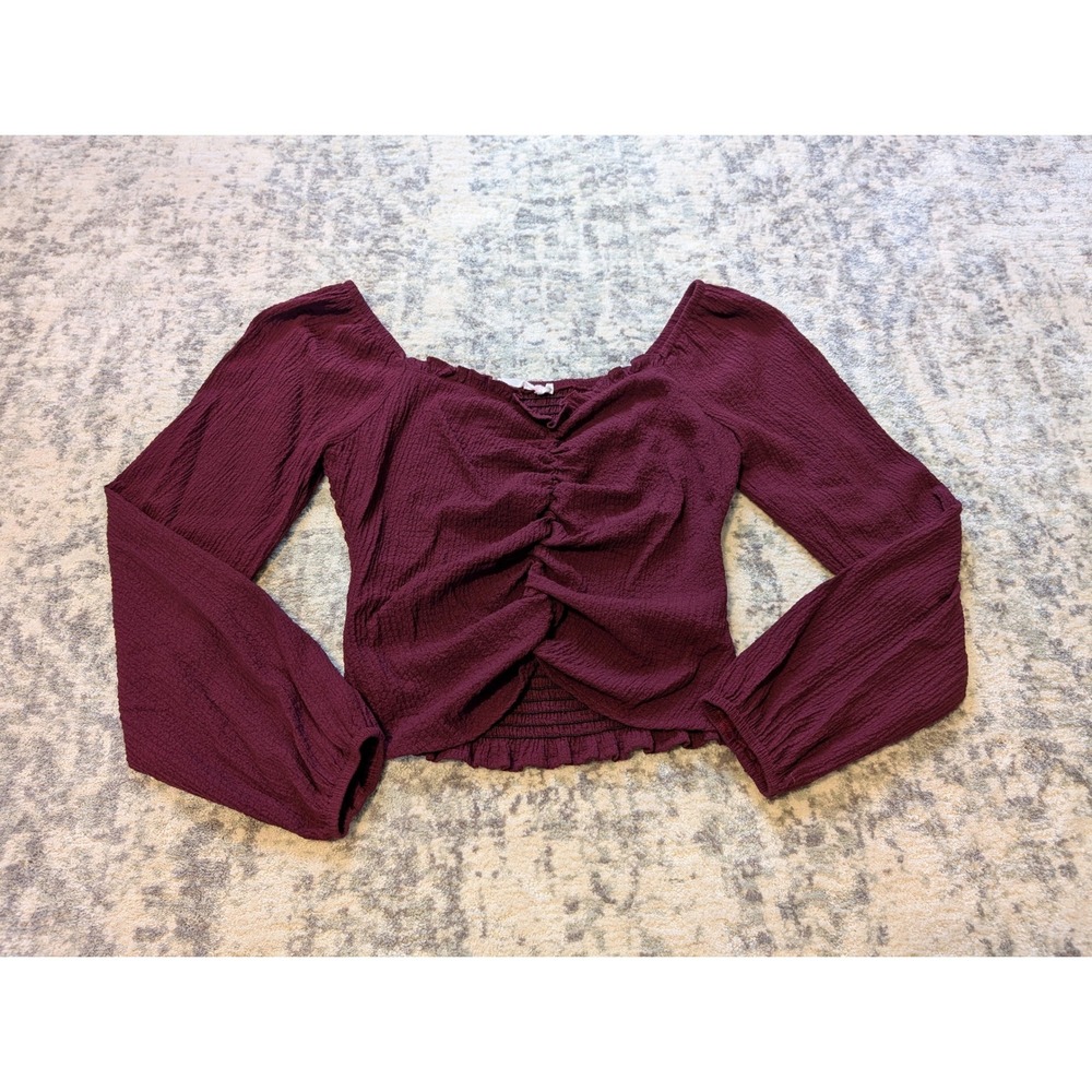 Lush Burgundy Smocked‎ Crop Top Ruched Puff Sleeve Cottagecore Women's Small